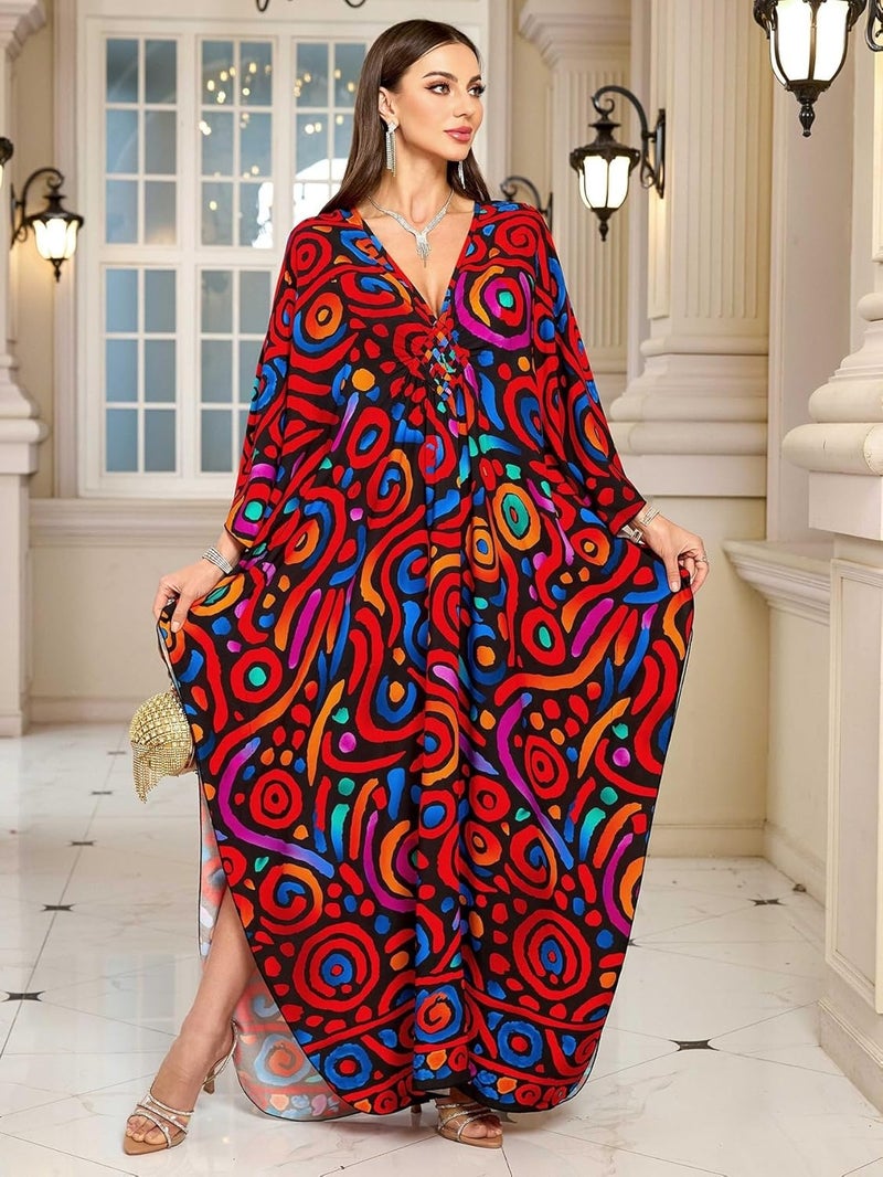 KEYLORTING Women’s Kaftan Beach Cover Up Dress Plus Size Summer Swimsuit Loungewear Maxi Dress - Image 4